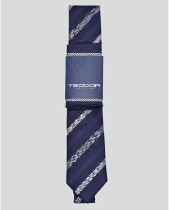 КОМПЛЕКТ ВРАТОВРЪЗКА С КЪРПА В ТЪМНОСИНЬО, ЛИЛАВО И БЯЛО РАЙЕ