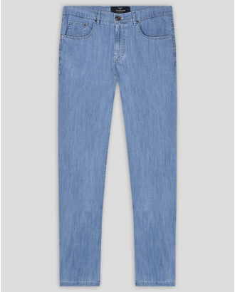 СВЕТЛОСИН ПАНТАЛОН С 5 ДЖОБА И КОНТРАСТНИ ШЕВОВЕ СВОБОДЕН СИЛУЕТ