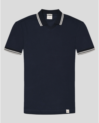 ТЪМНОСИНЯ ТЕНИСКА С ПОЛО ЯКА И V-ОБРАЗНО ДЕКОЛТЕ ОТ  ОТ PREMIUM ПАМУК