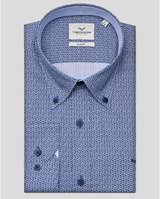 ДВУЦВЕТНА РИЗА С ЕФЕКТЕН ПРИНТ В ТЪМНОСИНЬО И БЯЛО ВТАЛЕН СИЛУЕТ