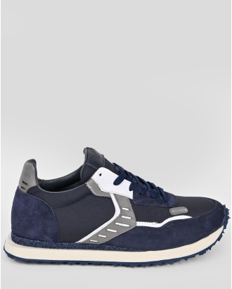 ТЪМНОСИНИ КОМБИНИРАНИ МАРАТОНКИ ОТ КОЖА, ВЕЛУР И ТЕКСТИЛ  