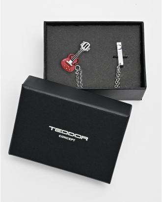 БРОШКА С ВЕРИЖКА ВЪВ ФОРМА НА КИТАРА В ЧЕРВЕНО И СРЕБРИСТО СИВО