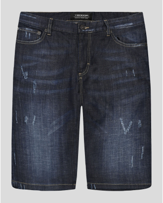 ТЪМНОСИНИ ДЪНКОВИ БЕРМУДИ С  КОНТРАСТНИ ШЕВОВЕ И КОЖЕНА ЕМБЛЕМА