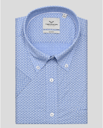 СИНЯ  РИЗА С КЪС РЪКАВ В КОНТРАСТЕН ДЕСЕН НА ЦВЕТЯ 