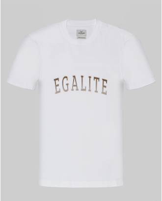 БЯЛА ТЕНИСКА С ОБЛО ДЕКОЛТЕ И КОНТРАСТЕН ПРИНТ С ПРЕЛИВАЩ НАДПИС 