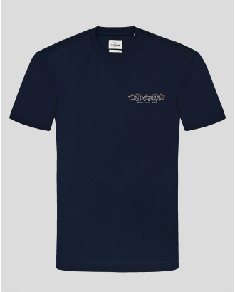  ТЪМНОСИНЯ ТЕНИСКА С ЕФЕКТЕН КОНТРАСТЕН ПРИНТ НА ПРЕДНА ЧАСТ И ГРЪБ