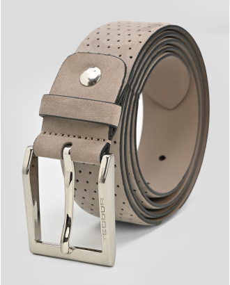 СИВО-БЕЖОВ КОЛАН ОТ ЕСТЕСТВЕНА КОЖА НАБУК С МЕТАЛНА КАТАРАМА И ЛОГО