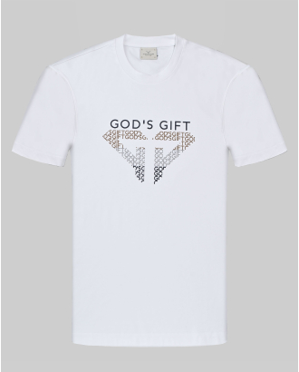 БЯЛА ТЕНИСКА ОТ PREMIUM ПАМУК С ЕФЕКТЕН ЛОГО ПРИНТ И НАДПИС GOD`S GIFT