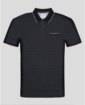 ТЪМНОСИНЯ  ПОЛО ТЕНИСКА ОТ PREMIUM ПАМУК В СИТЕН КОНТРАСТЕН ПРИНТ 