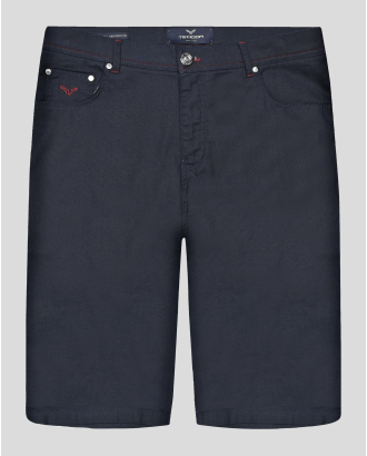 ТЪМНОСИНИ ДЪНКОВИ БЕРМУДИ С КОНТРАСТНИ ШЕВОВЕ И ЛОГО