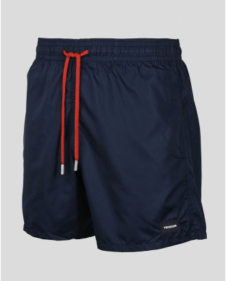 ТЪМНОСИНИ ШОРТИ ТИП БАНСКИ С КОНТРАСТНИ ВРЪЗКИ И ГУМИРАНО ЛОГО