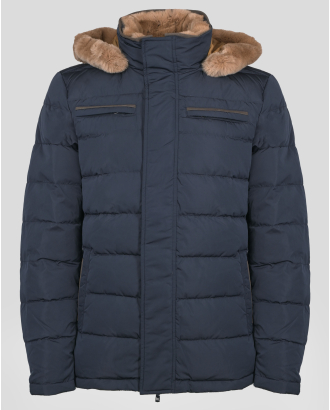 ТЪМНОСИНЬО ЯКЕ С ПОДВИЖНА КАЧУЛКА ОТ ЕСТЕСТВЕН ПУХ 