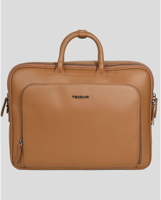 ЧАНТА ЗА ЛАПТОП ОТ ГЛАДКА ЕСТЕСТВЕНА КОЖА В ЦВЯТ КАМЕЛ
