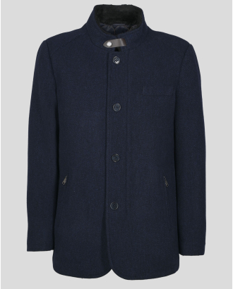 МЕЛАНЖИРАНО ТЪМНОСИНЬО КЪСО ПАЛТО С КОЖЕН ЕЛЕМЕНТ