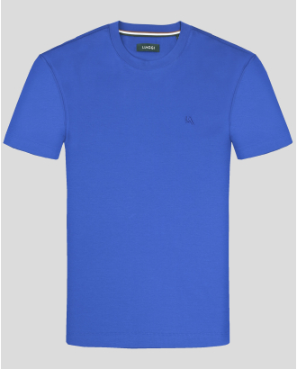 ПАМУЧНА СИНЯ ТЕНИСКА С ОБЛО ДЕКОЛТЕ И БРОДЕРИЯ ЛОГО