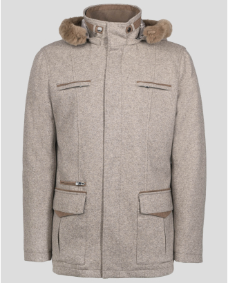 БЕЖОВО ПАЛТО МЕЛАНЖ С КАЧУЛКА ОТ ЕСТЕСТВЕН ЗАЕШКИ ПУХ 