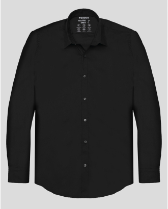 КЛАСИЧЕСКА ЧЕРНА РИЗА С ЕЛАСТАН СИЛНО ВТАЛЕН СИЛУЕТ