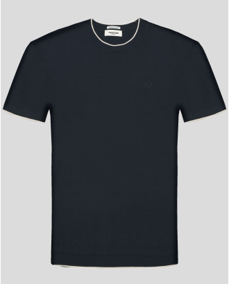 ТЪМНОСИНЯ ПЛЕТЕНА ТЕНИСКА ОТ 100% PREMIUM ПАМУК С КОНТРАСТНА ДЕСЕНАЦИЯ