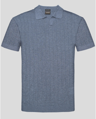 СИНЯ ТЕНИСКА ПЛЕТИВО ОТ ТЕНСЕЛ И ЛЕН С ПОЛО ЯКА И V-ОБРАЗНО ДЕКОЛТЕ