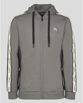 СИВ СУИТШЪРТ С КАЧУЛКА И ЛАСТИЧНА ЛЕНТА НА РЪКАВ 