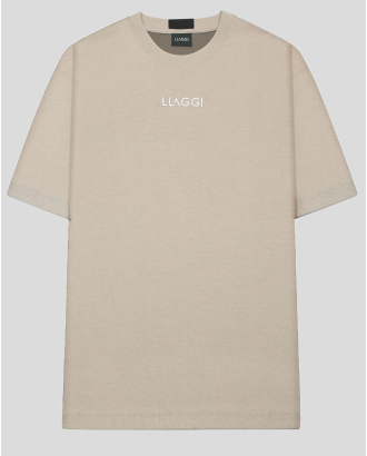 БЕЖОВА ОВЪРСАЙЗ ТЕНИСКА С ДВУЛИЦЕВ ПЛАТ И ЛОГО ПРИНТ