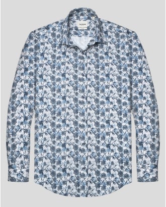 ПАМУЧНА РИЗА С ФЛОРАЛЕН ДЕСЕН В СИНЬО ВТАЛЕН СИЛУЕТ