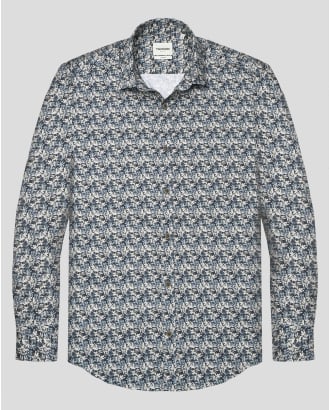 ТЪМНОСИНЯ РИЗА ОТ ПАМУЧЕН ГАБАРДИН С ФЛОРАЛЕН ДЕСЕН