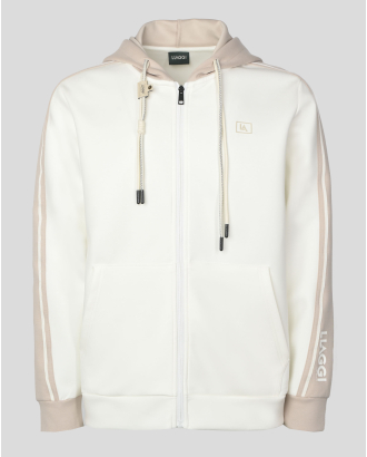 БЯЛ СУИТШЪРТ С КАЧУЛКА ОТ ПАМУК С ЕЛАСТАН И ГУМИРАН ЛОГО ПРИНТ