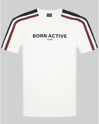 БЯЛА ТЕНИСКА С КОНТРАСТНА ЛЕНТА И ГУМИРАН НАДПИС 