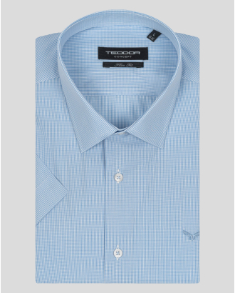 СВЕТЛО СИНЯ КАРИРАНА РИЗА С КЪС РЪКАВ