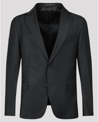 ЧЕРЕН КЛАСИЧЕСКИ КОСТЮМ СВОБОДЕН СИЛУЕТ В ДИСКРЕТНО РАЙЕ 