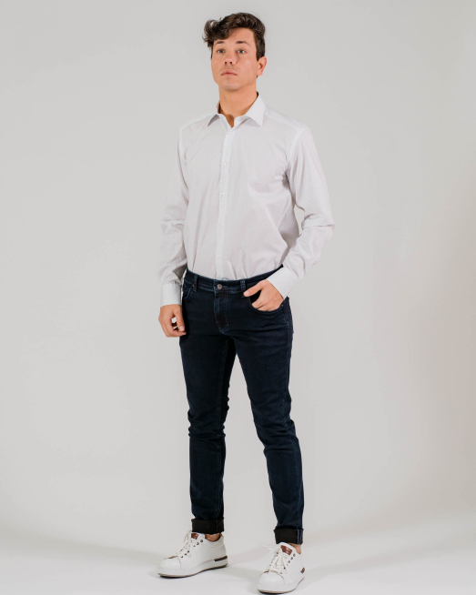 'БЯЛА ПАМУЧНА РИЗА В СИТНИ СИНИ ТОЧКИ