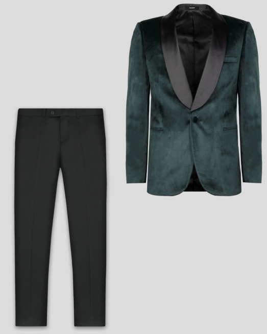 'ЗЕЛЕН ЦЕРЕМОНИАЛЕН КОСТЮМ С ШАЛ ЯКА ВТАЛЕН СИЛУЕТ 