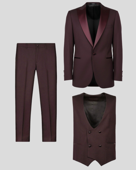 'ЦЕРЕМОНИАЛЕН КОСТЮМ ТРИ  ЧАСТИ ВТАЛЕН СИЛУЕТ В ЦВЯТ БОРДО