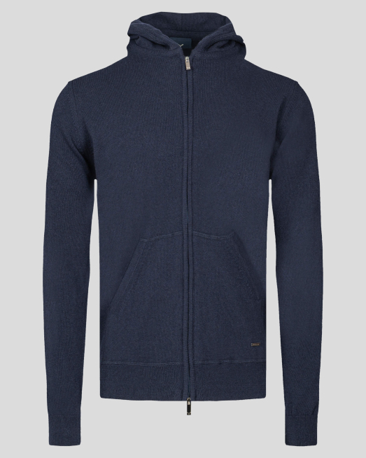 'ТЪМНО СИНЯ ЖИЛЕТКА С КАЧУЛКА И МЕТАЛНО ЛОГО ОТ ВЪЛНА С КАШМИР