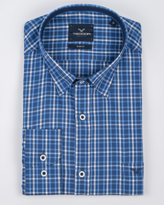 'ТЪМНО СИНЯ КАРИРАНА РИЗА ВТАЛЕН СИЛУЕТ ОТ ПАМУК С ТЕНСЕЛ