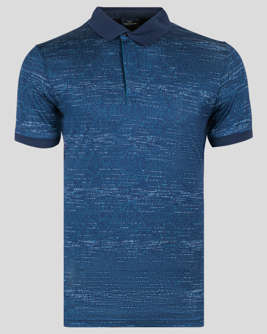 'ТЪМНО СИНЯ ТЕНИСКА ОТ ДВОЙНО МЕРСЕРИЗИРАН ПАМУК С ФИГУРАЛЕН ДЕСЕН