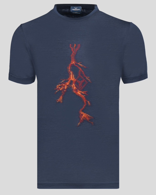 'ТЪМНО СИНЯ ТЕНИСКА ОТ ДВОЙНО МЕРСЕРИЗИРАН ПАМУК С КОНТРАСТЕН ДЕСЕН