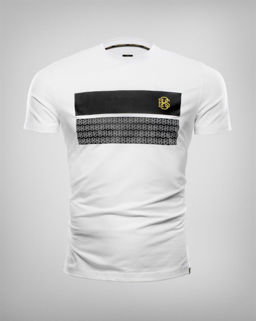 'БЯЛА ТЕНИСКА С ЧЕРНИ МАТ ЛЕНТИ И ЗЛАТНО ЛОГО