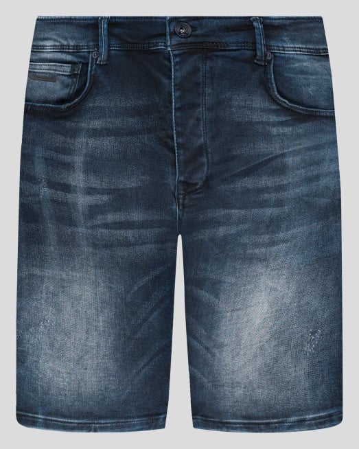 'ТЪМНО СИНИ БЕРМУДИ ОТ ДЪНКОВ ПЛАТ С ЕФЕКТНИ НАКЪСВАНИЯ