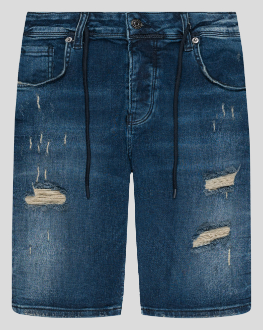 ' СИНИ БЕРМУДИ ОТ ТРИКОТАЖЕН ДЕНИМ С ЕФЕКТНИ НАКЪСВАНИЯ