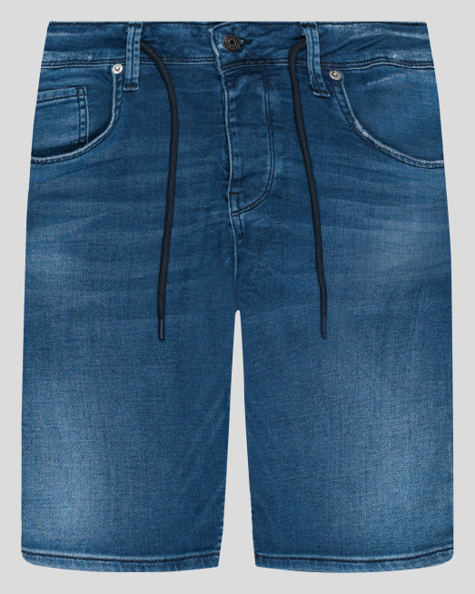 'СРЕДНО СИНИ БЕРМУДИ ОТ ТРИКОТАЖЕН ДЕНИМ С ВРЪЗКИ