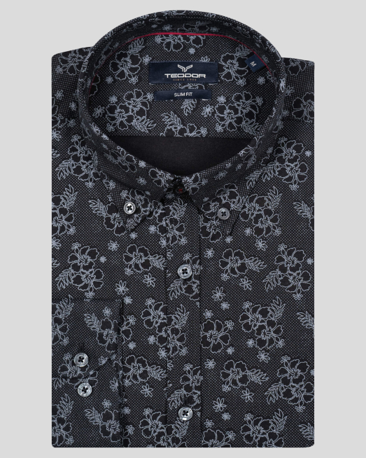 'ЧЕРНА ВТАЛЕНА РИЗА С ФЛОРАЛЕН ПРИНТ