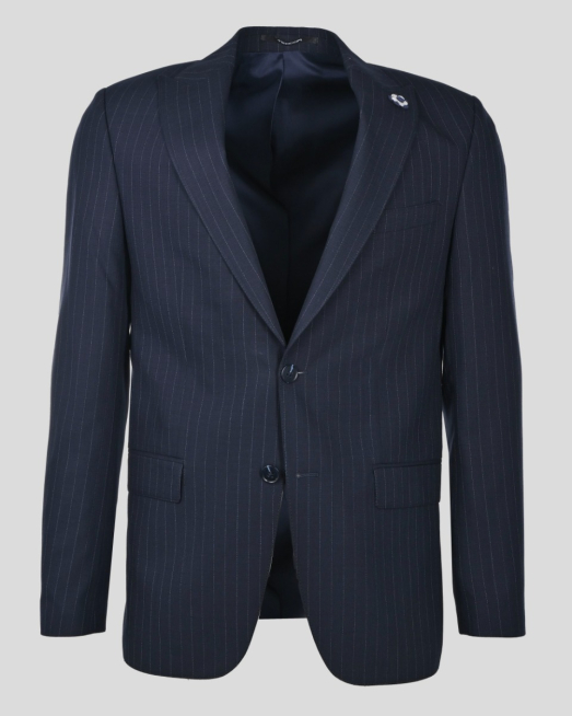 'ТЪМНОСИН КЛАСИЧЕСКИ КОСТЮМ В КОНТРАСТНО РАЙЕ ВТАЛЕН СИЛУЕТ