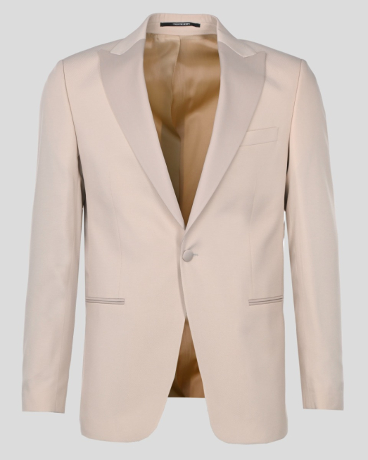 'БЕЖОВ ЦЕРЕМОНИАЛЕН КОСТЮМ В СИТНА СТРУКТУРА С ОСТЪР САТЕНИРАН РЕВЕР