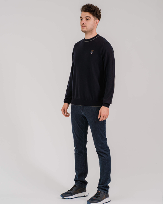 'ТЪМНОСИН ПУЛОВЕР ОТ ФИНА ВЪЛНА МЕРИНО С КОНТРАСТНИ КРЪПКИ