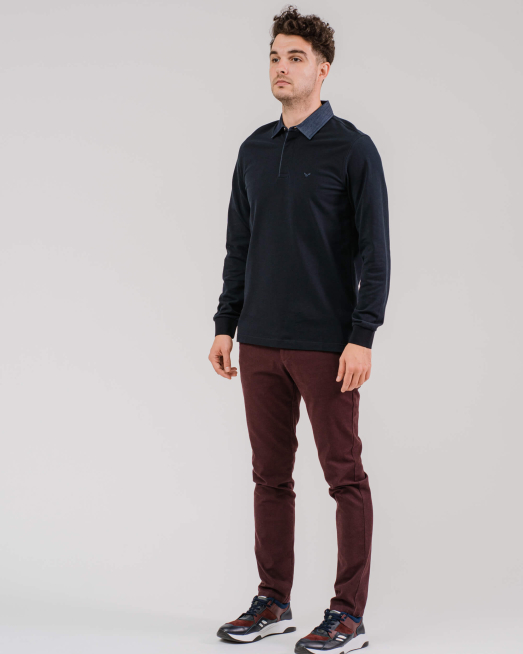 'ТРИКОТАЖНА СТРУКТУРНА БЛУЗА С ЯКА ДЕНИМ