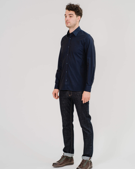 'ТЪМНО СИНЯ ПАМУЧНА РИЗА С БРОДЕРИЯ