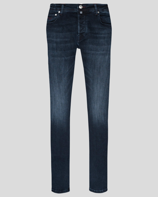 'ТЪМНО СИНИ ВТАЛЕНИ ДЪНКИ ИЗЧИСТЕН МОДЕЛ С КОНТРАСТНА ЕМБЛЕМА