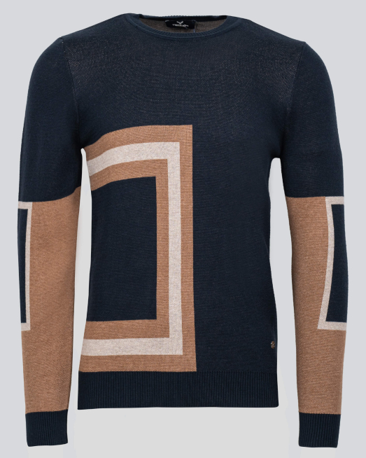 'ТЪМНО СИН ПУЛОВЕР С ДВУЛИЦЕВА КОНТРАСТНА ПЛЕТКА И ЛОГО